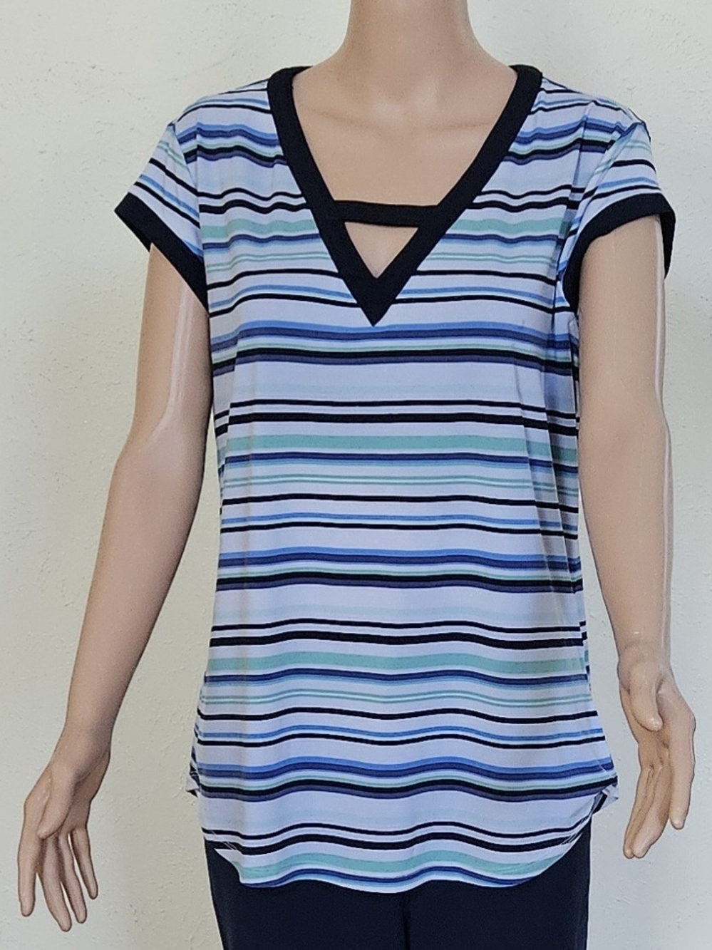 Striped V-Neck Short Sleeve Top with Contrast Trim - Blue/Black